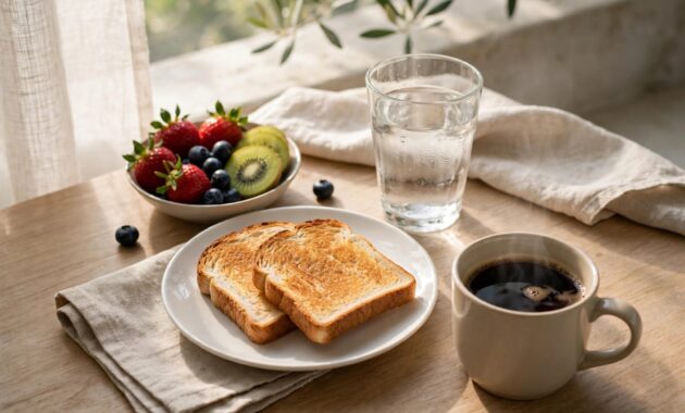 Glass of water and simple breakfast on a morning table