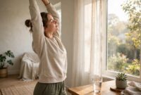 Person stretching by a sunny window during a morning routine for energy