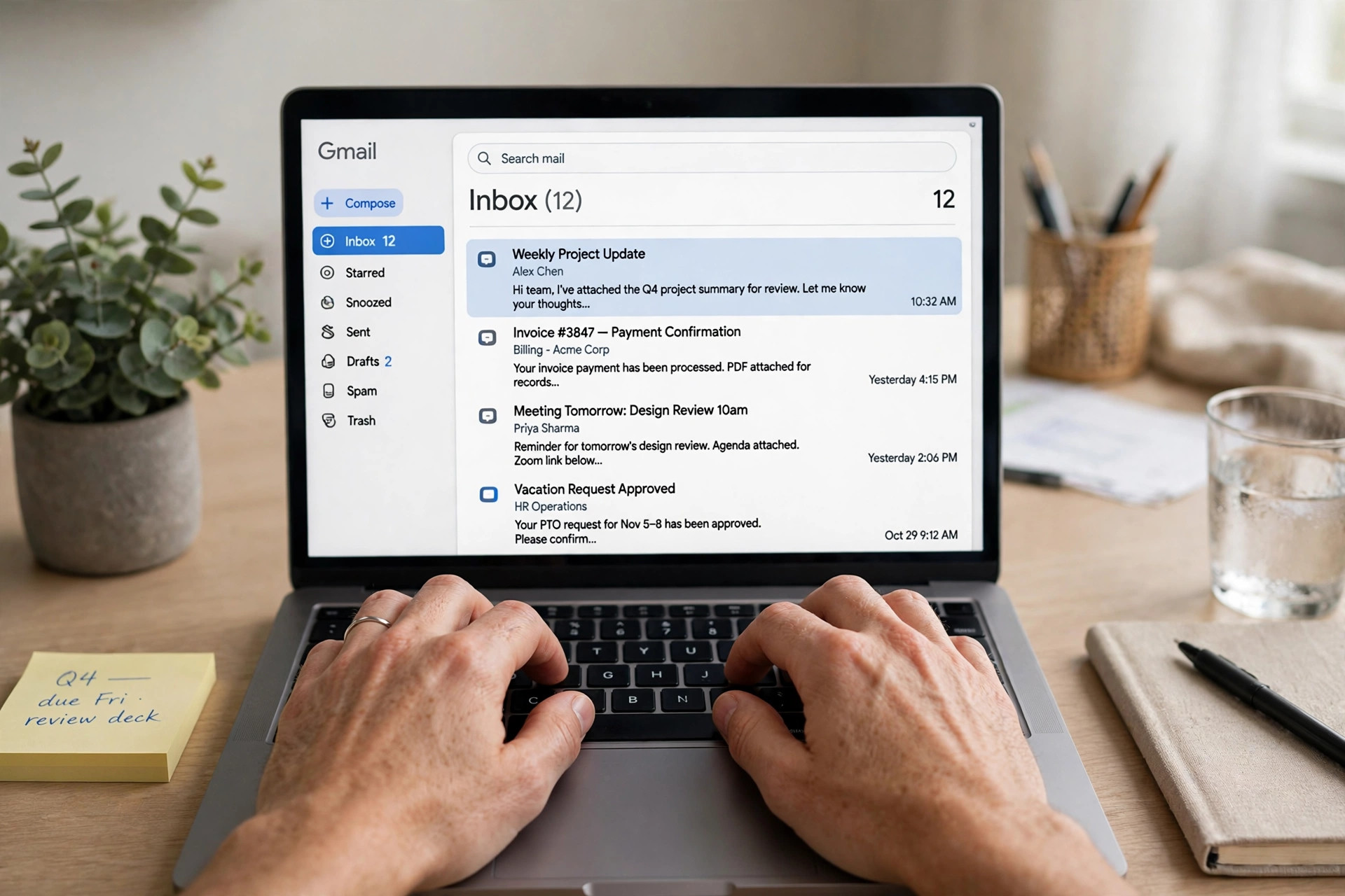 Hands typing an email on a laptop in a home office — write better emails with AI