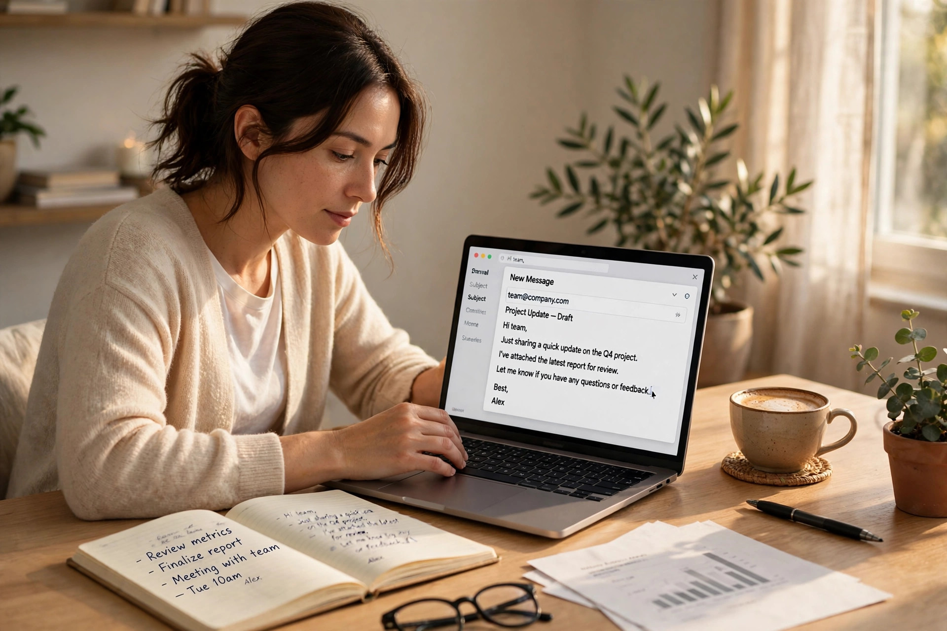 media-generation-ai-tools-emails-featured-0-9a775799-aa02-4e47-abdc-30c5c24f1a1b Person writing an email on a laptop at a clean desk with coffee