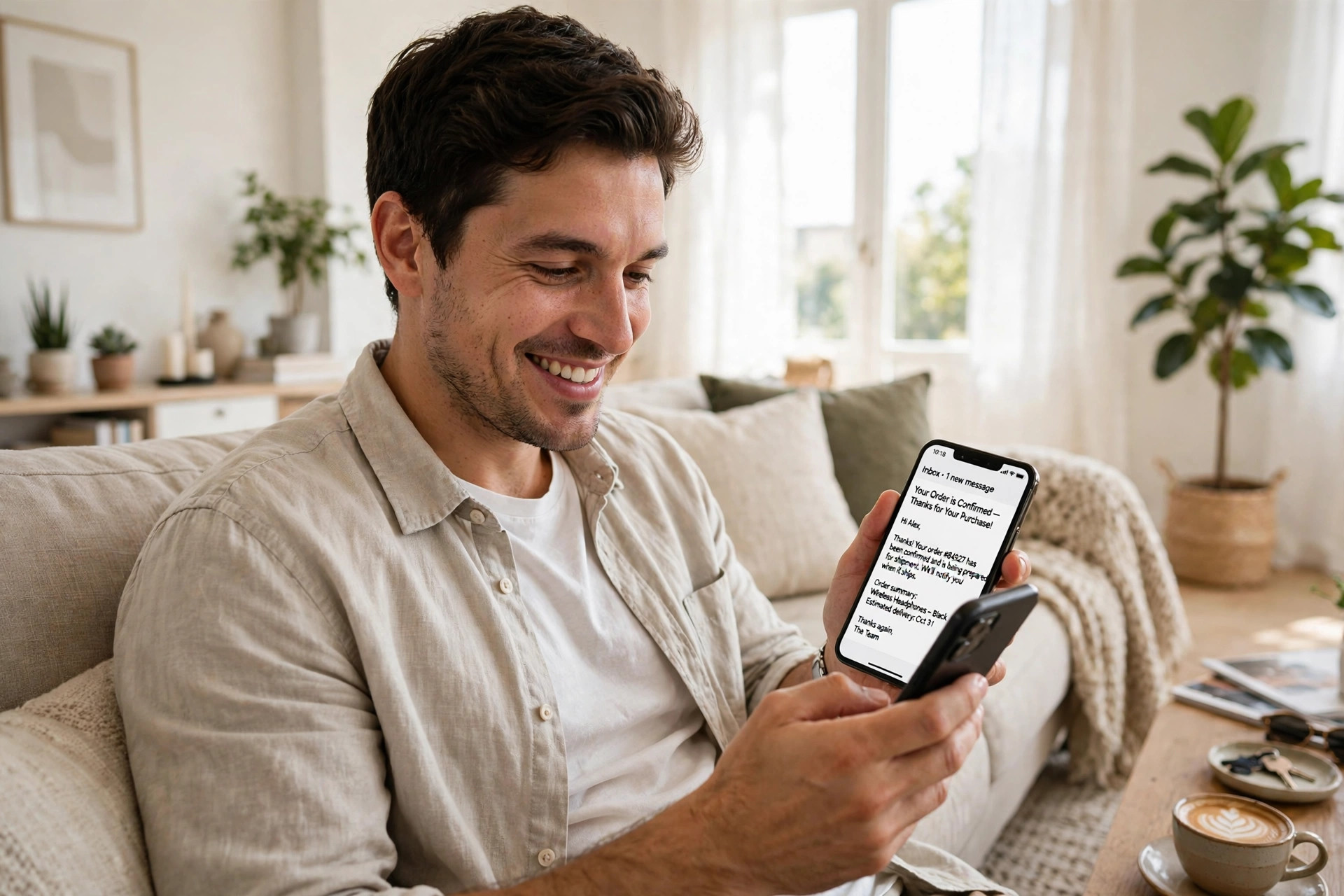 Person smiling while reading an email on a phone
