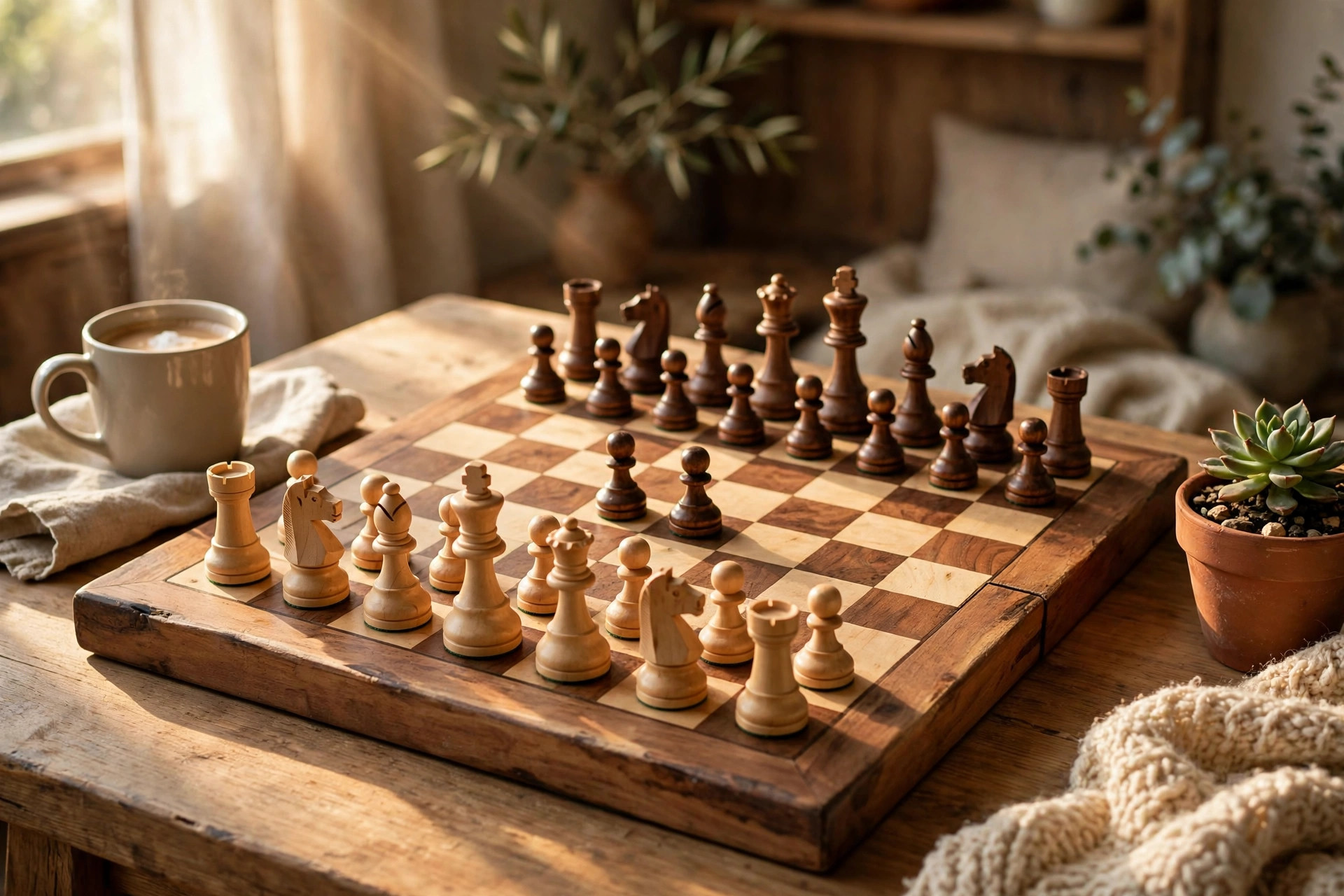 media-generation-games-chess-featured-0-5fdee661-12cf-40d1-a5c1-a5f0a3b04597 Wooden chess board mid-game with pieces arranged in a cozy home