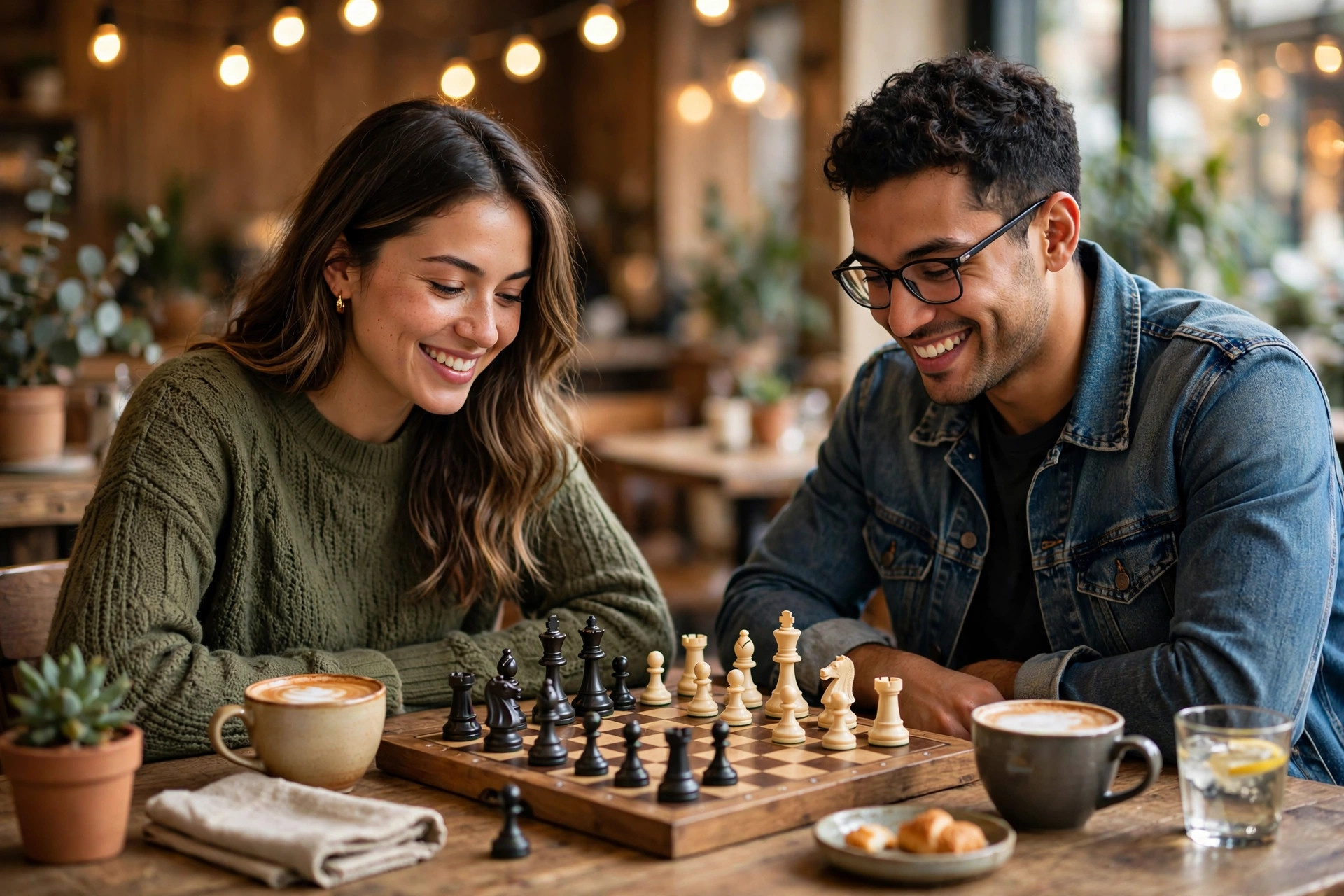 Two friends playing chess together over coffee