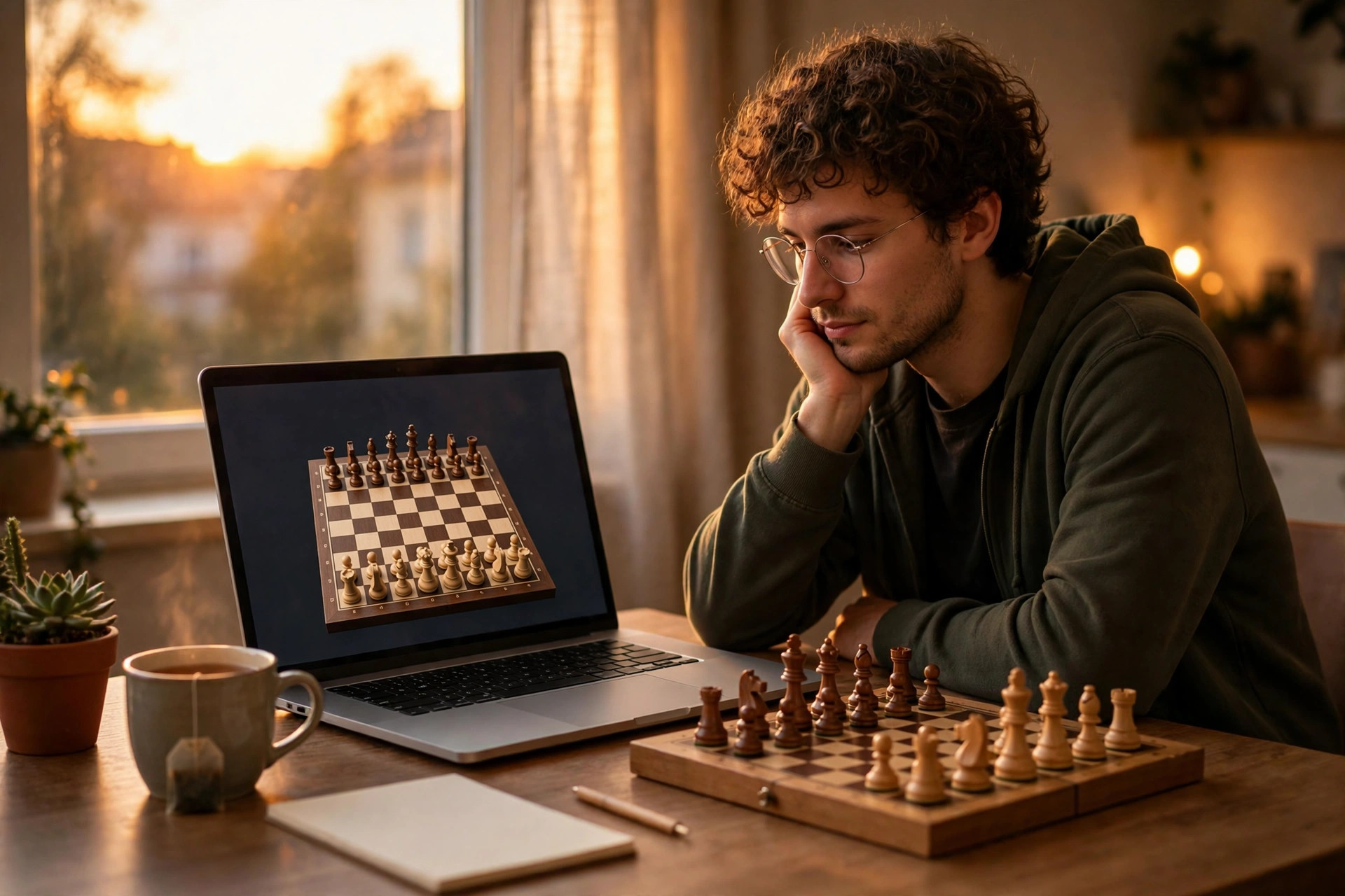 Beginner learning to play chess online on a laptop at home