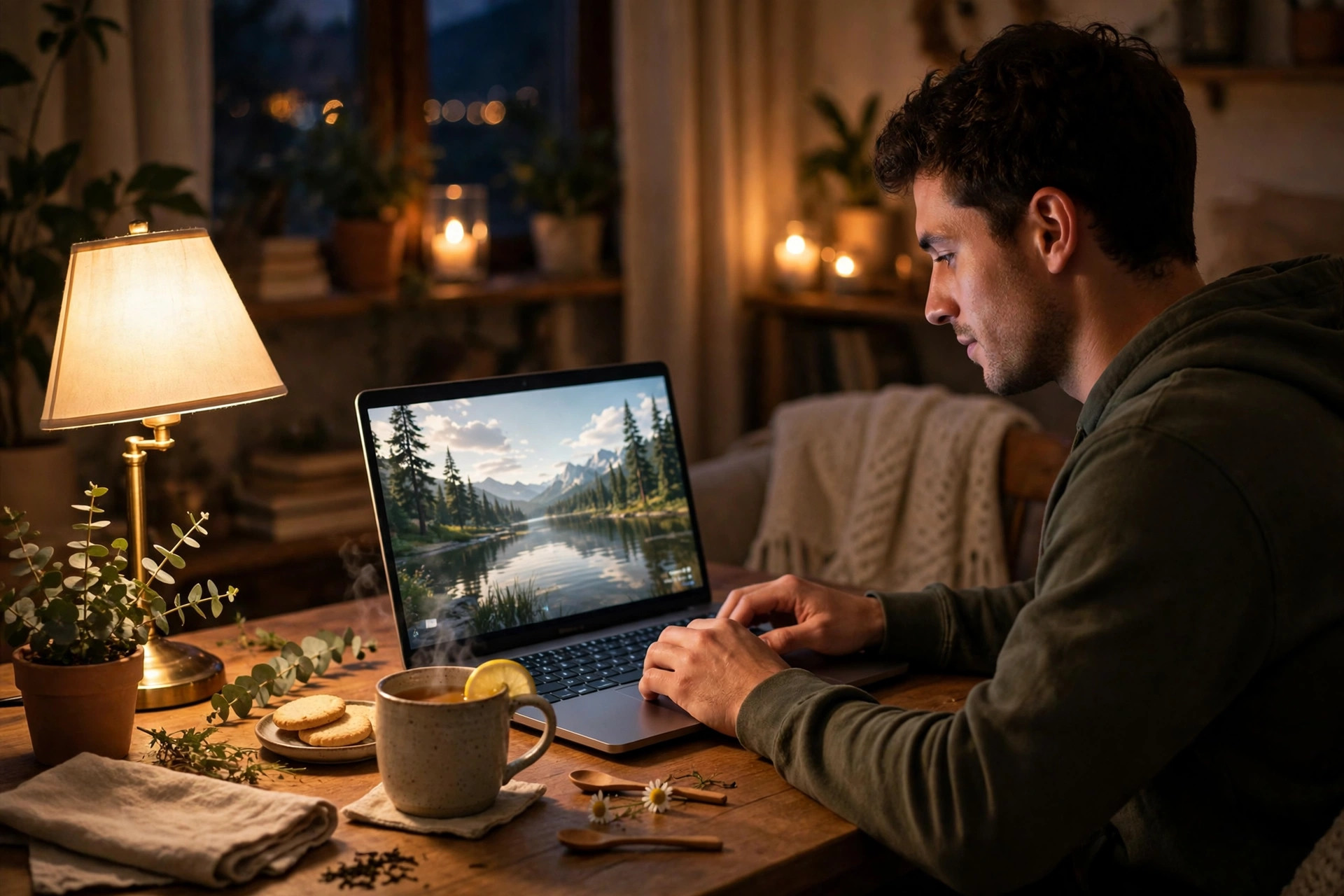 Relaxing evening browser game on a laptop at home