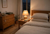 Calm bedroom in the evening with soft warm light ready for sleep