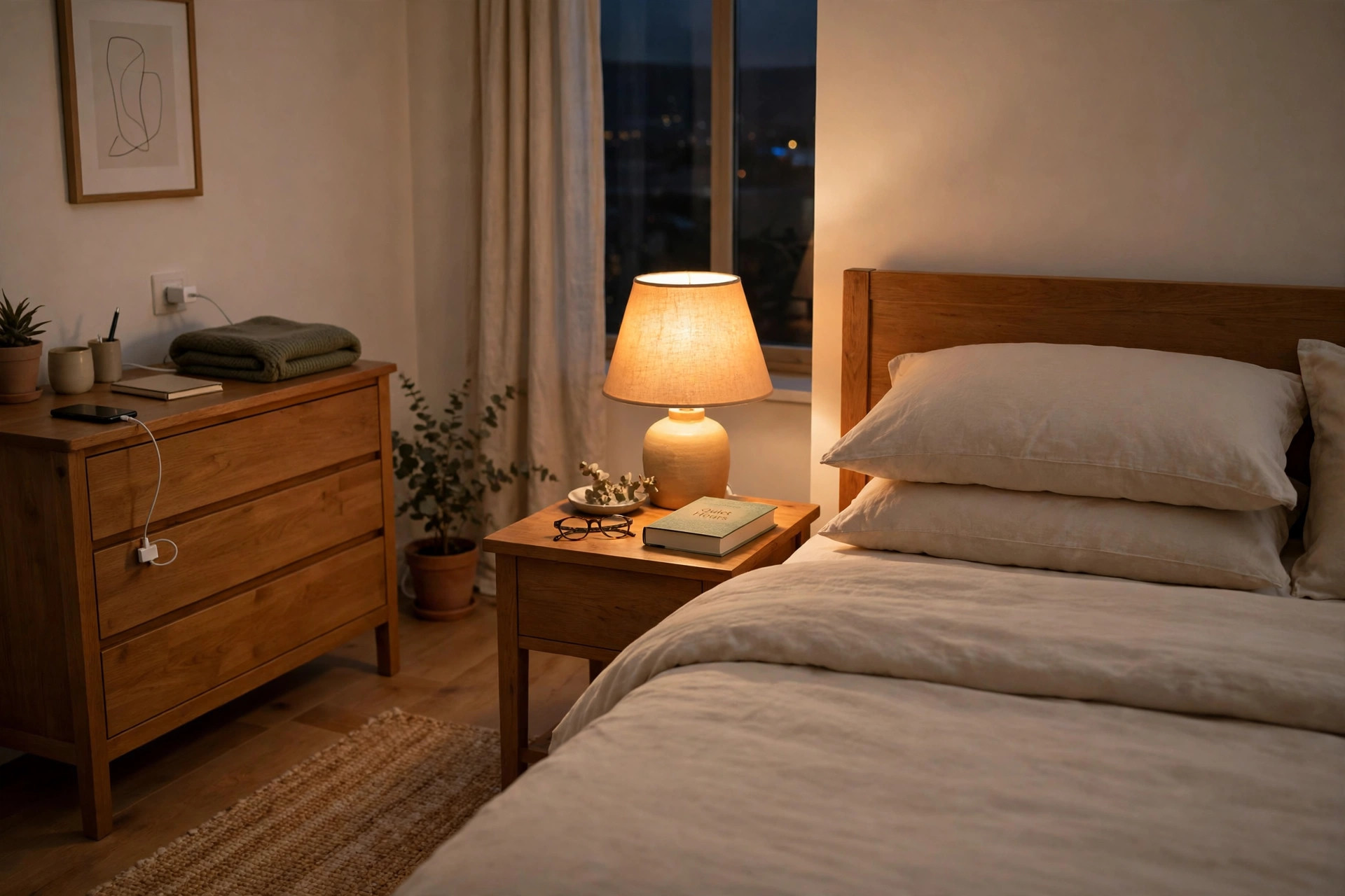 Calm bedroom in the evening with soft warm light ready for sleep