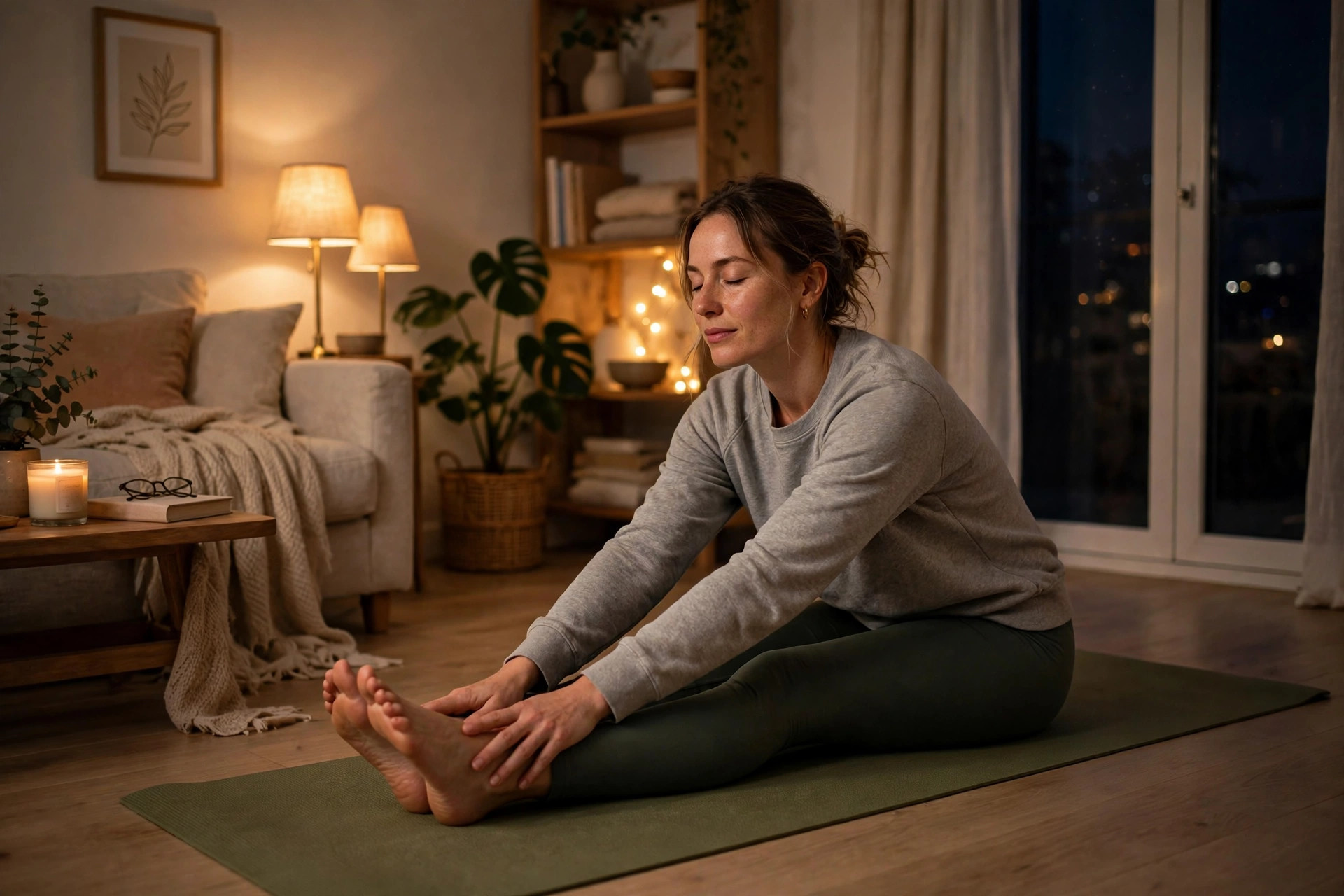 Gentle evening stretching on a mat in a quiet room