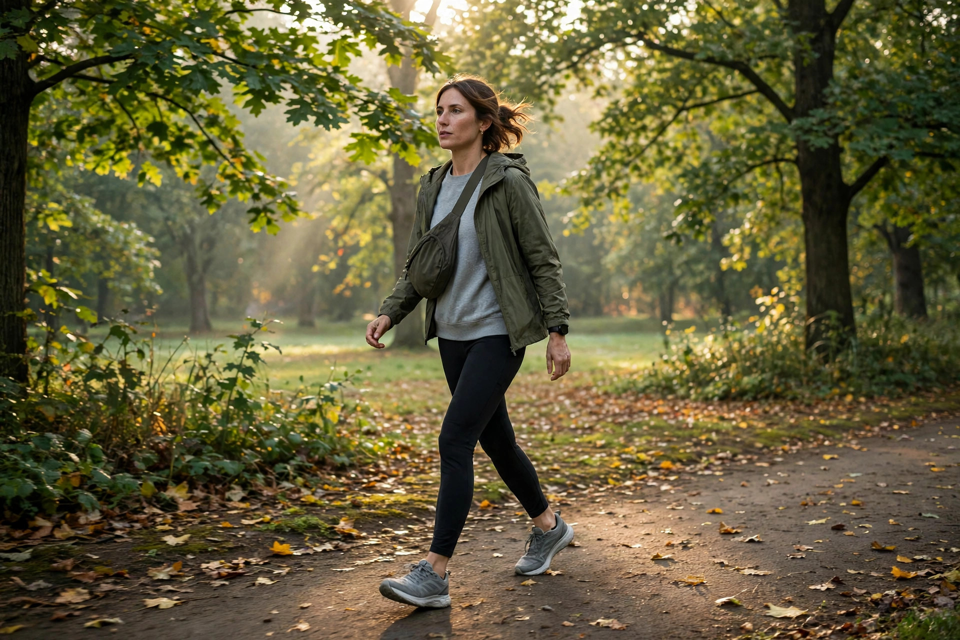 Person walking briskly on a leafy park path in the early morning