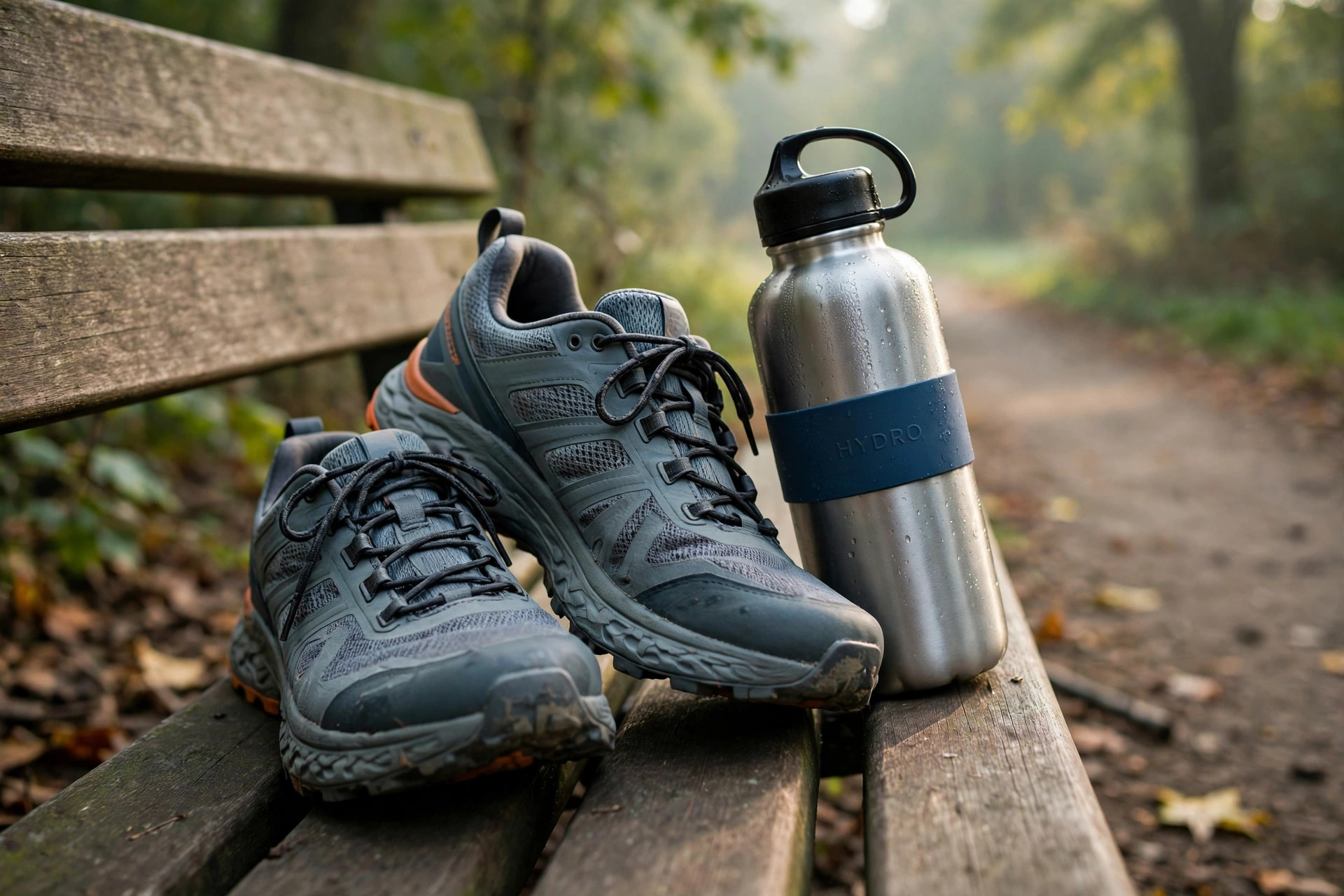 Comfortable walking shoes and a water bottle on a park bench beside a walking trail