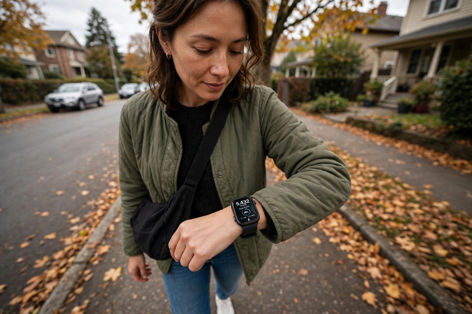 Person checking a step count on a smartwatch while walking outdoors