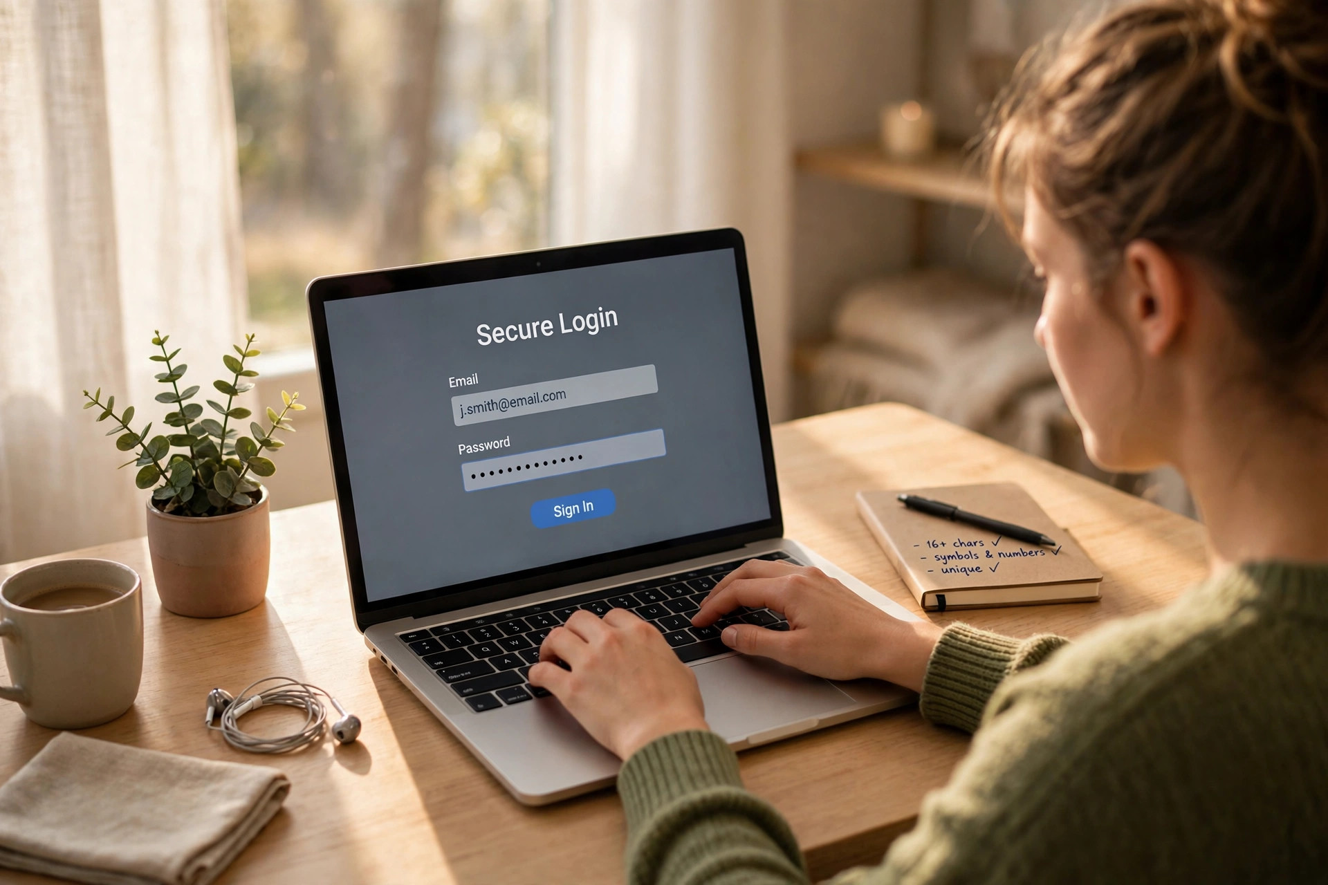 Person typing a strong password on a laptop at a clean home desk