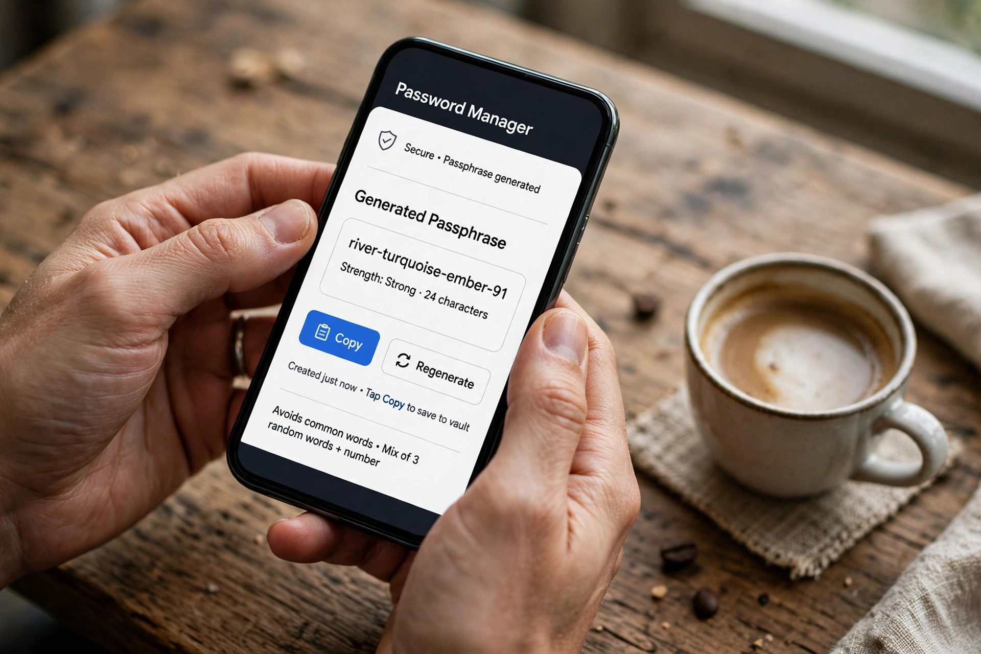 Hands holding a phone showing a password manager app with a generated passphrase