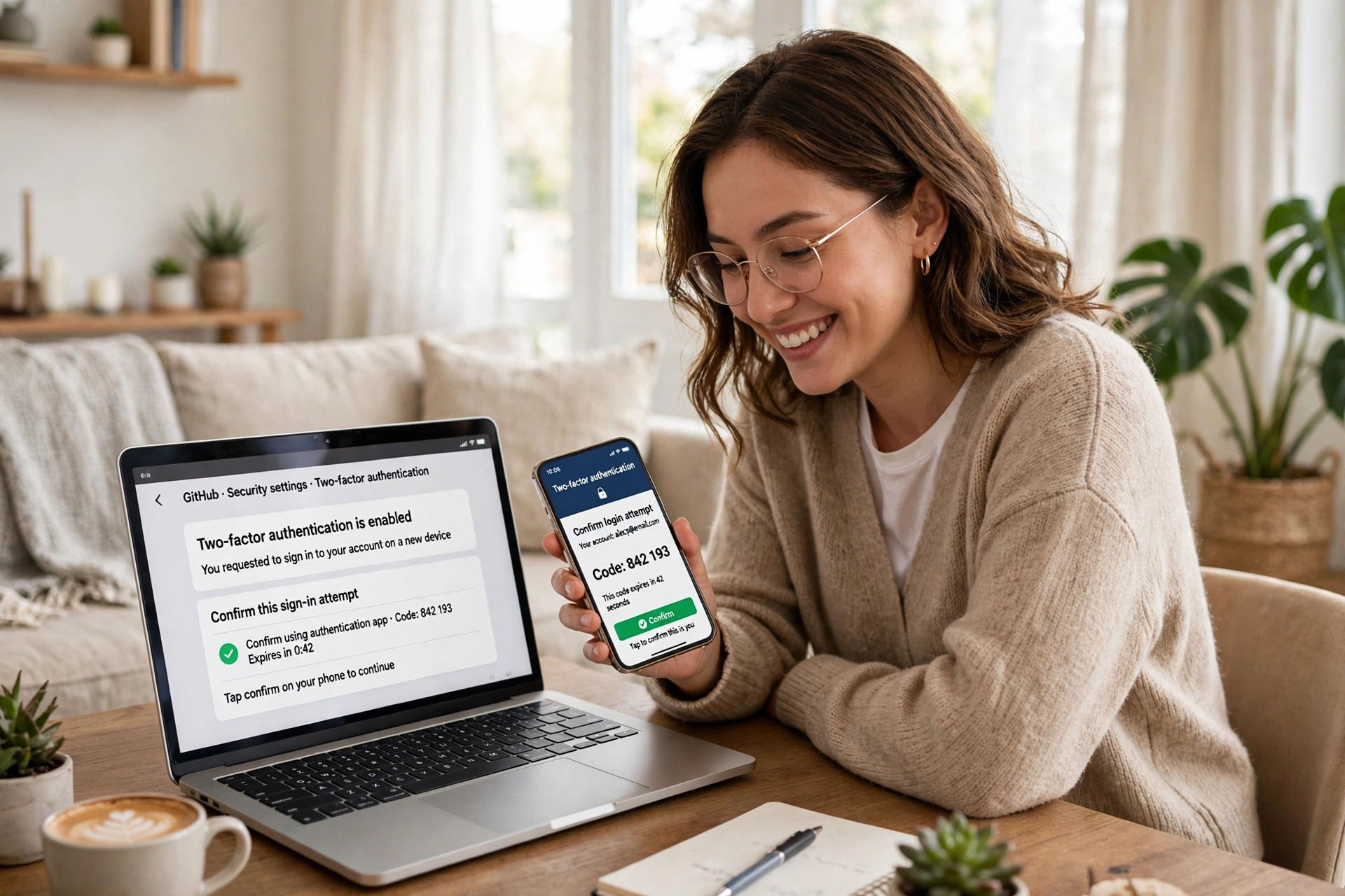 Person confirming a two-factor authentication code on a smartphone