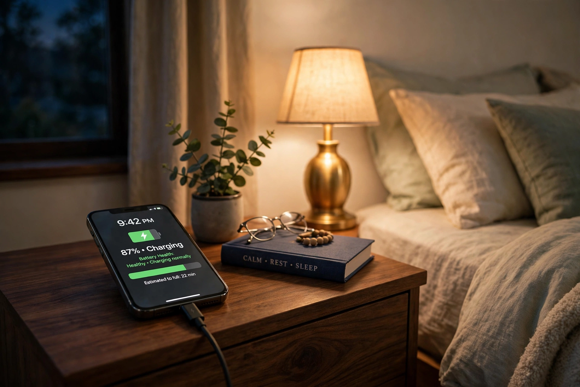 Smartphone charging on a nightstand beside a bed in warm evening lamplight