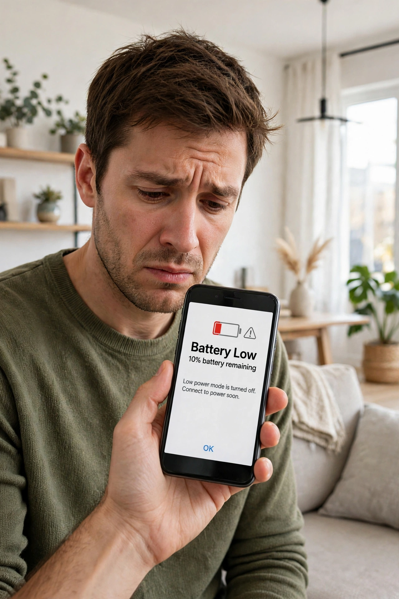 Person holding a smartphone showing a low battery warning in a bright modern home