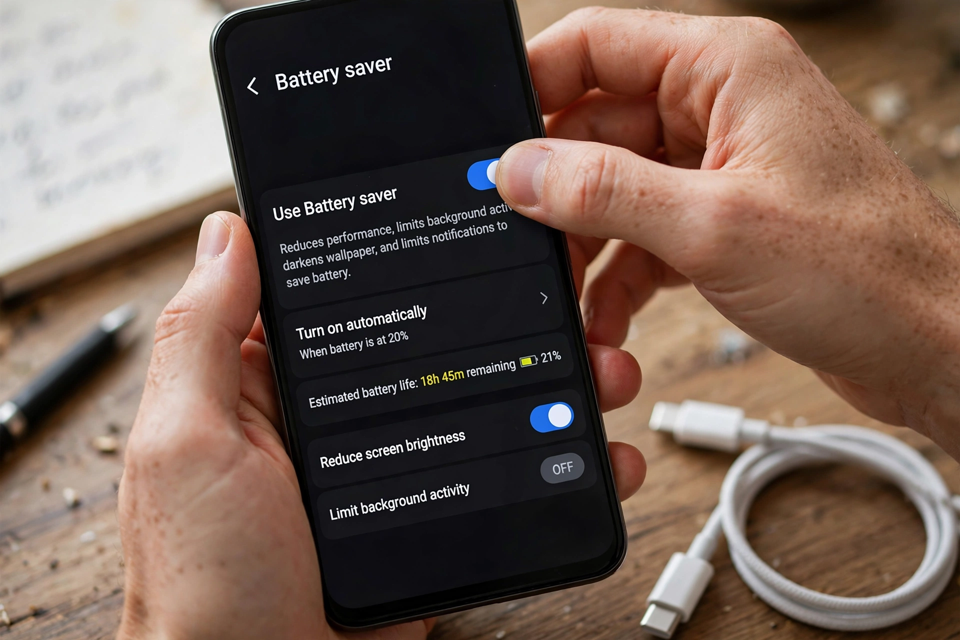 Hands adjusting battery saver settings on a smartphone screen with a charger cable nearby