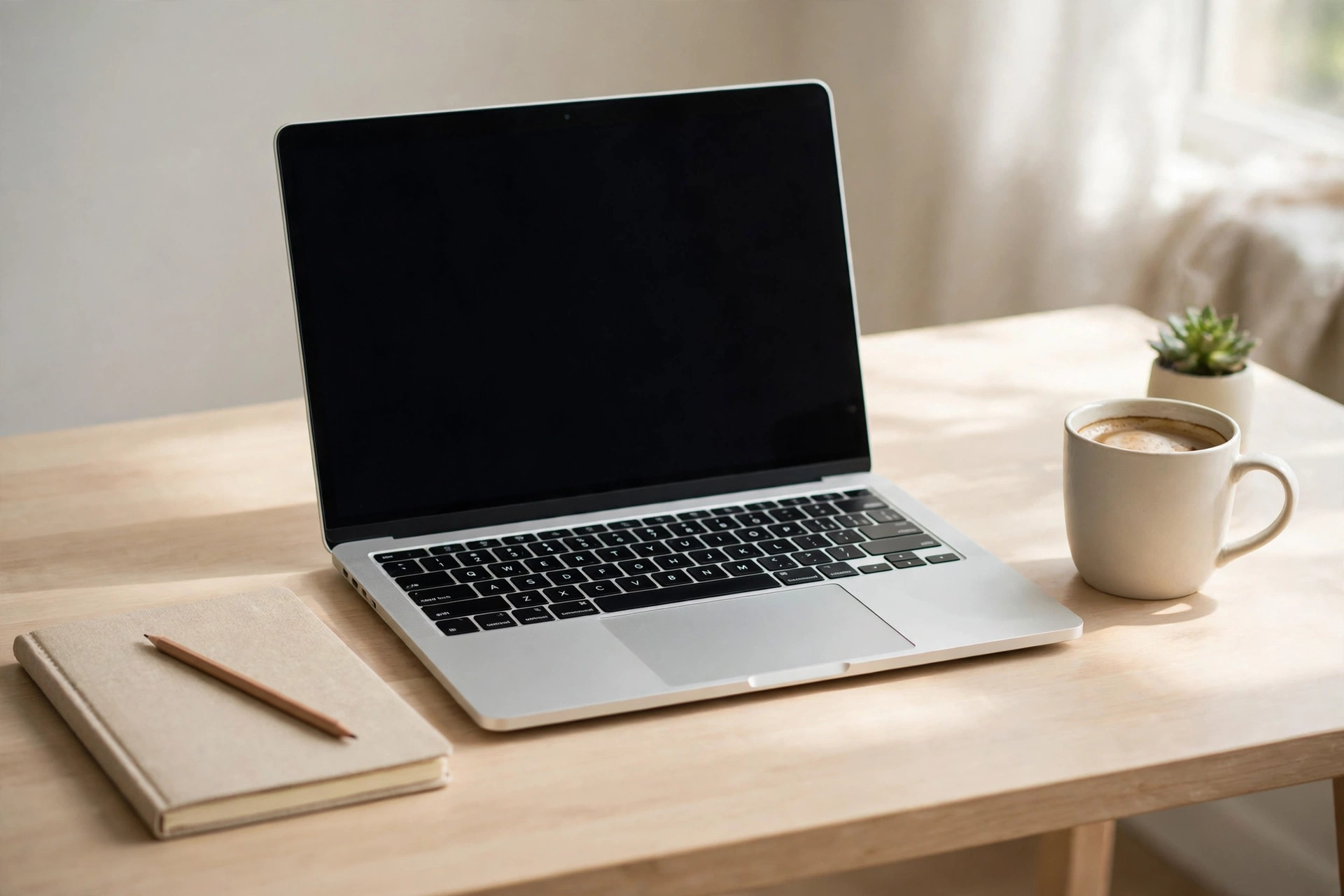 Laptop on a clean desk after steps to speed up a slow laptop