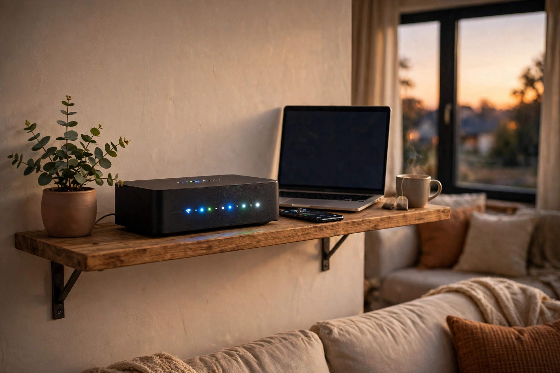 Wi-Fi router with glowing lights on a shelf in a living room