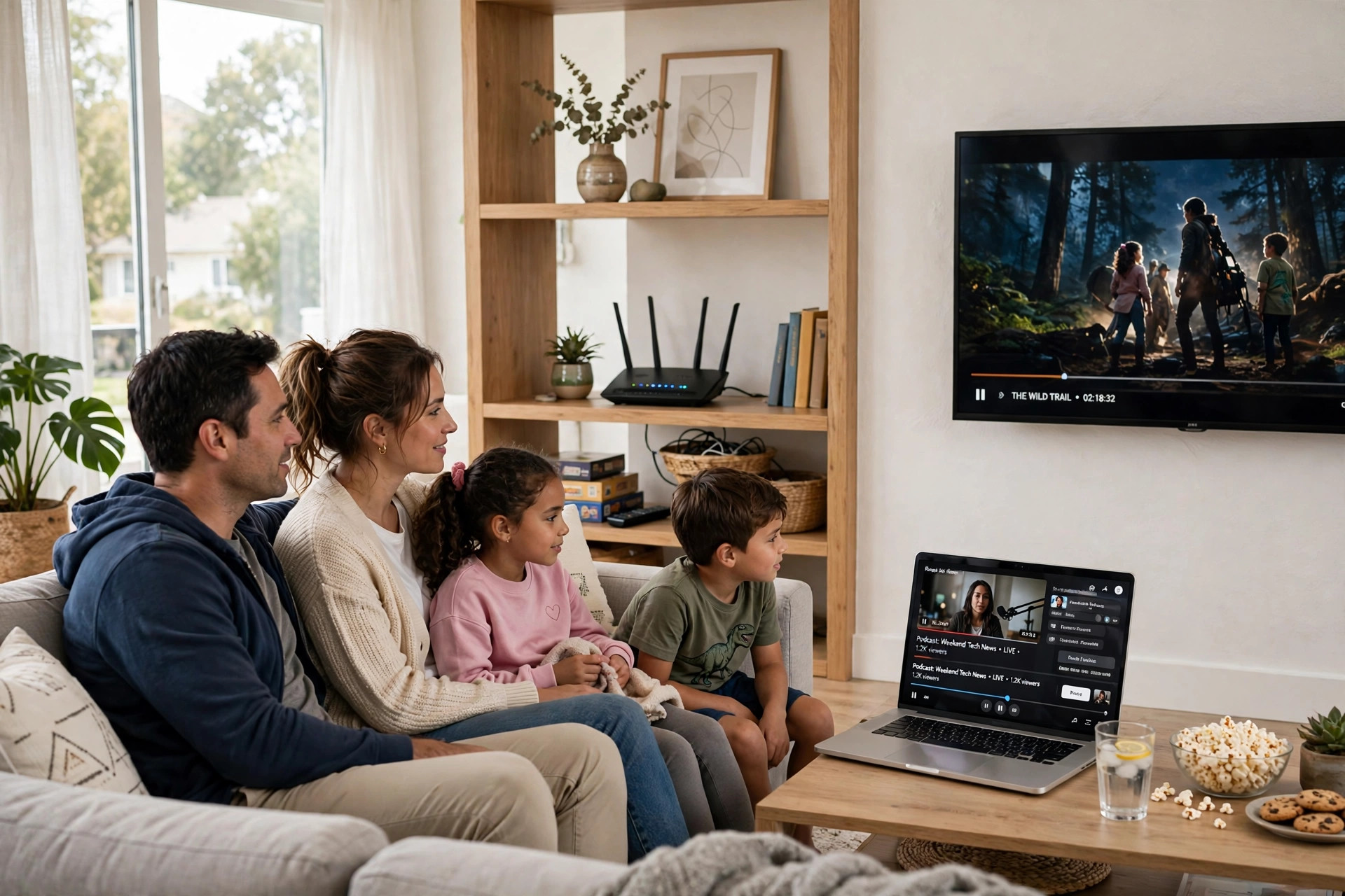 Family streaming video at home on a fast Wi-Fi connection