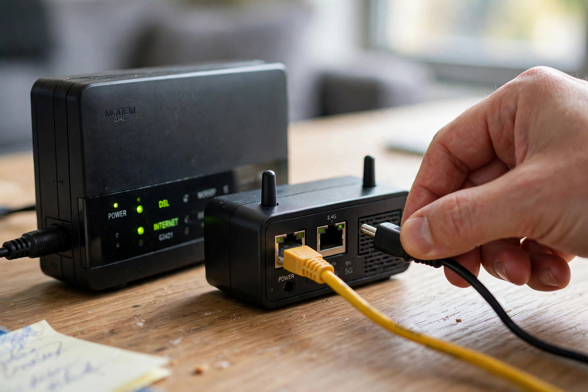 Unplugging a Wi-Fi router to restart it and fix slow Wi-Fi